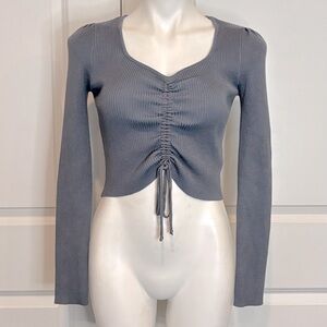 Gab & Kate Steel Blue Ribbed Long Sleeve Scrunch Tie Waist Sweater Top M